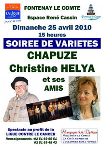 Fontenay-le-comte; soirée variété avec Christine Hélya,ses amis et Chapuze le dimanche 25 avril avec