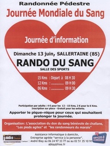 Sallertaine: randonnée pédestre pour la Journée mondiale du sang le dimanche 13 juin