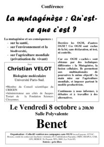 Benet: "La mutagénèse : Qu’est-ce que c’est ?" conférence de Christian VELOT Biologiste moléculaire Université Paris-Sud le vendredi 8 octobre à 20h30