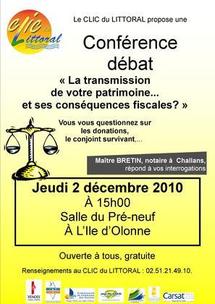 Ile d'Olonne: conférence sur le thème des Successions organisée par le Clic du Littoral jeudi 2 décembre à 15h00